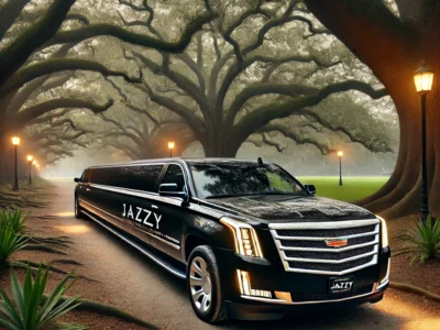 Best Limo Service in New Orleans - Jazzy Limousine & Shuttle luxury fleet parked in a serene setting in New Orleans’ Audubon Park