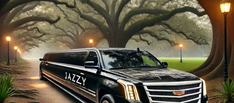 Best Limo Service in New Orleans - Jazzy Limousine & Shuttle luxury fleet parked in a serene setting in New Orleans’ Audubon Park